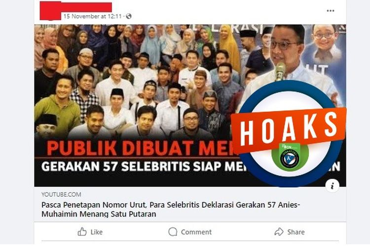 Tangkapan layar Facebook narasi yang menyebut 57 selebritis membuat gerakan untuk memenangkan Anies dan Muhaimin