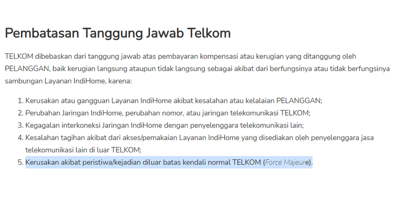 Klausa pembatasan tanggung jawab Telkom dalam Kontrak Berlangganan IndiHome.