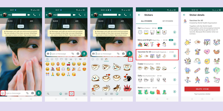 Langkah-langkah mengunduh paket stiker Vaccines for All di WhatsApp.