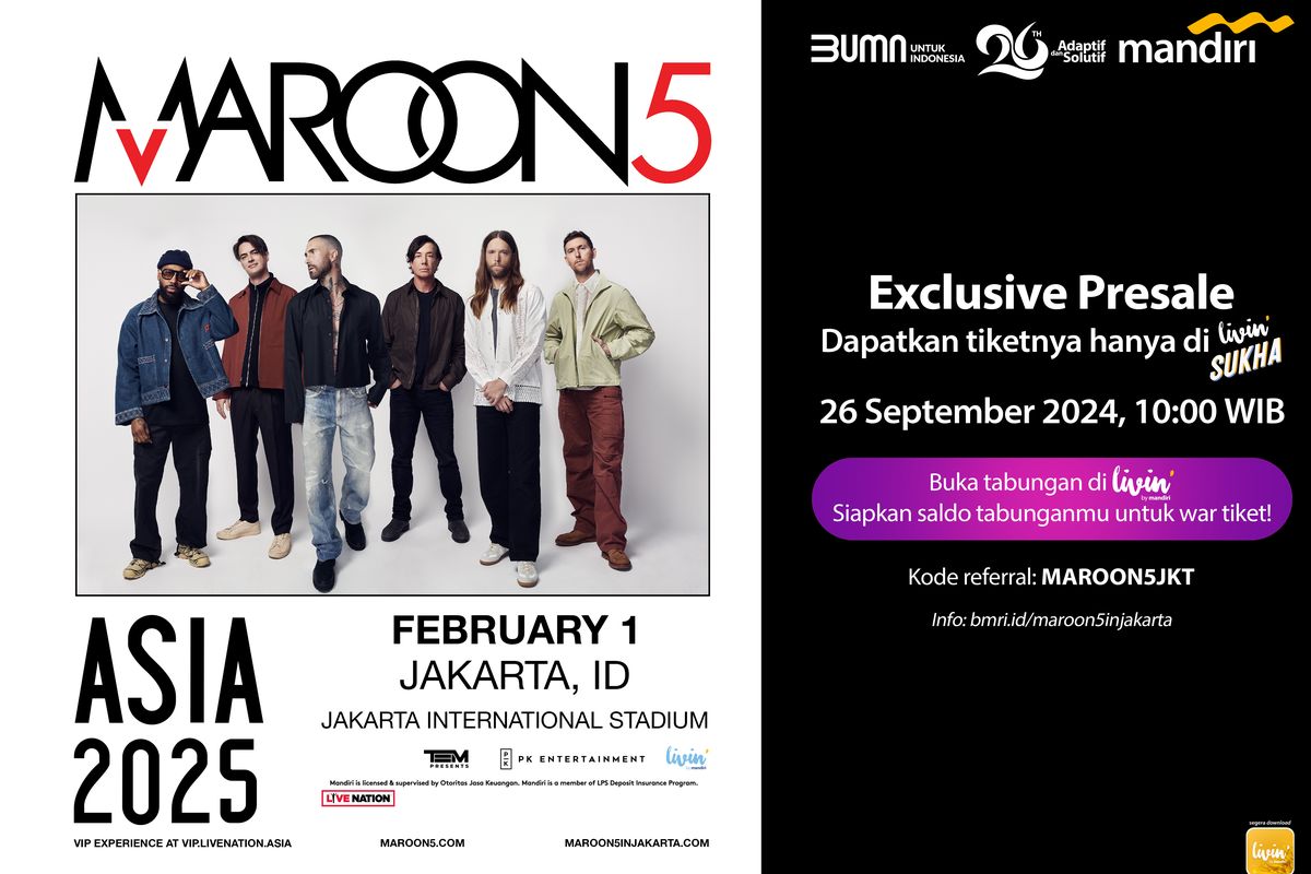PT Bank Mandiri (Persero) Tbk sebagai Official Banking Partner untuk konser Maroon 5 di Jakarta, sukses menjual tiket eksklusif melalui super app Livin' by Mandiri.