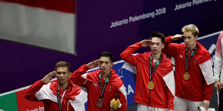 Ganda putra Indonesia, Marcus Fernaldi Gideon - Kevin Sanjaya Sukamuljo  dan ganda putra Indonesia, Fajar Alfian - Muhammad Rian Ardianto meraih medali emas dan perak pada pertandingan ganda putra Asian Games 2018 di Istora Senayan, Jakarta, Selasa (28/8/2018).