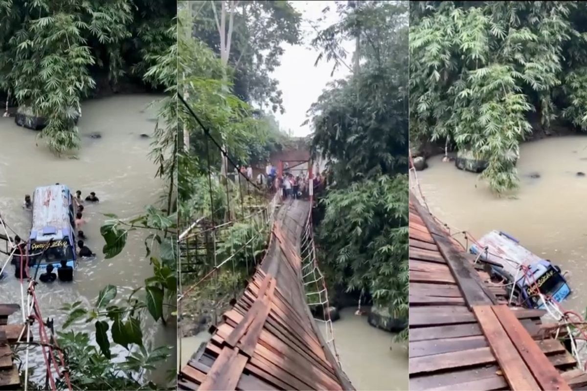 Jembatan gantung di Kabupaten Tanggamus putus dan menyebabkan minibus terjun bebas ke sungai, Senin (9/2/2026).