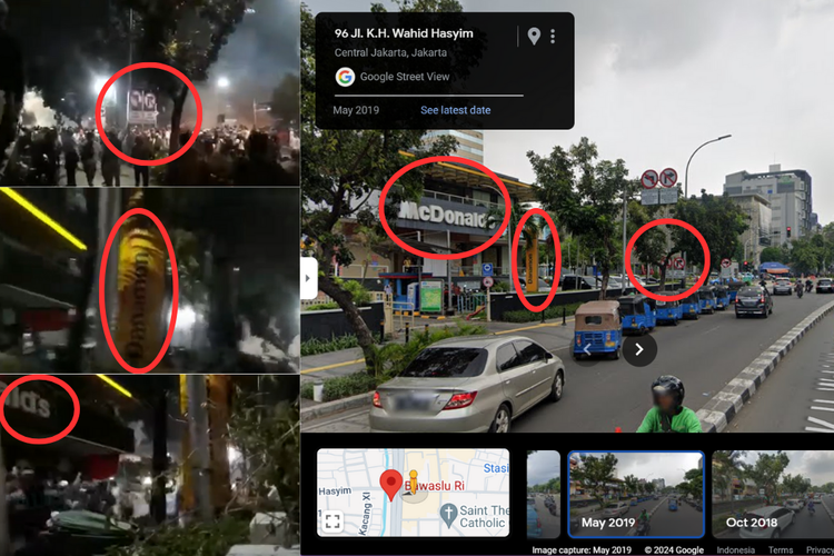 Tangkapan layar Google Street View dan video YouTube menampilkan lokasi kerusuhan 22 Mei 2019 di sudut Gedung Bawaslu yang berada di sisi Jalan KH Wahid Hasyim, Jakarta Pusat.