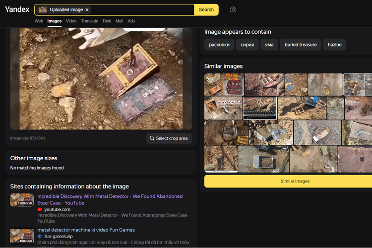 Tangkapan layar pencarian gambar di Yandex, menampilkan video dari kanal YouTube Arkeolog berisi penggalian brankas.