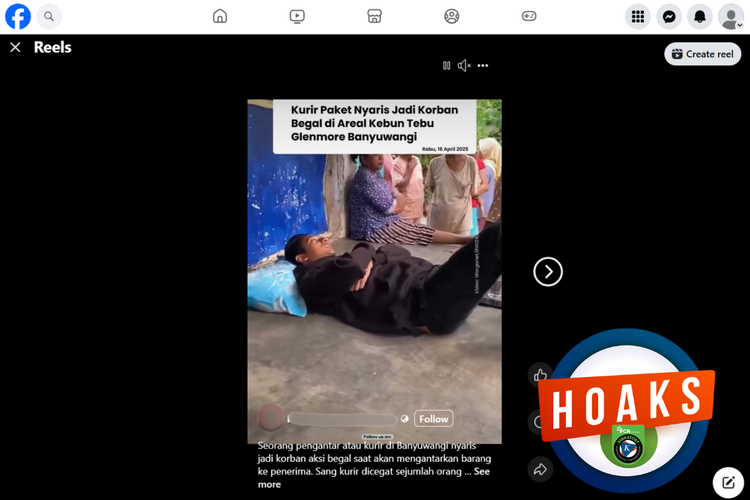 Tangkapan layar konten hoaks di sebuah akun Facebook, Kamis (17/4/2025), mengenai kurir paket menjadi korban begal di Banyuwangi.