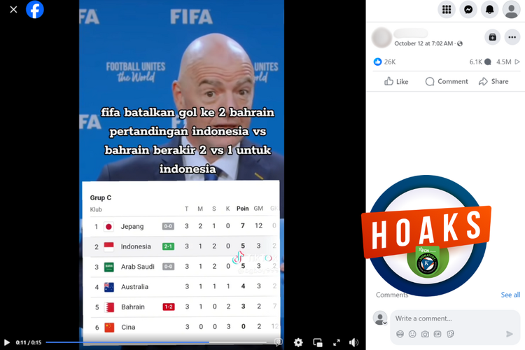 Tangkapan layar konten hoaks di sebuah akun Facebook, Sabtu (12/10/2024), mengenai FIFA membatalkan gol kedua Bahrain.