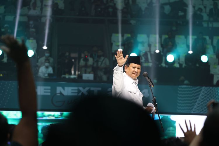 Ketua Umum Partai Gerindra Prabowo Subianto memberikan sambutan dalam agenda “PKB Road To Election 2024” di Senayan, Jakarta, Minggu (30/10/2022) siang.