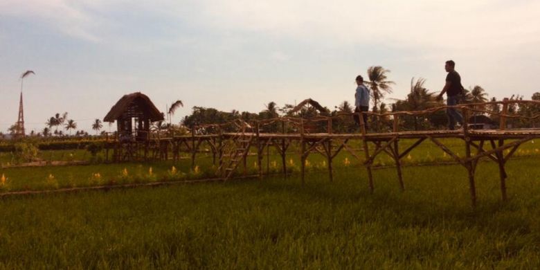 Wisatawan berjalan di jembatan bambu yang dibangun di Bulak Widoro, Desa Gejahan, Kecamatan Ponjong, Kabupaten Gunungkidul, DI Yogyakarta, Jumat (2/11/2018).