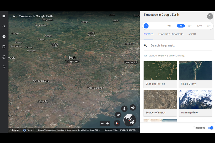 Tamapilan fitur Timelapse 3D di situs Google Earth.