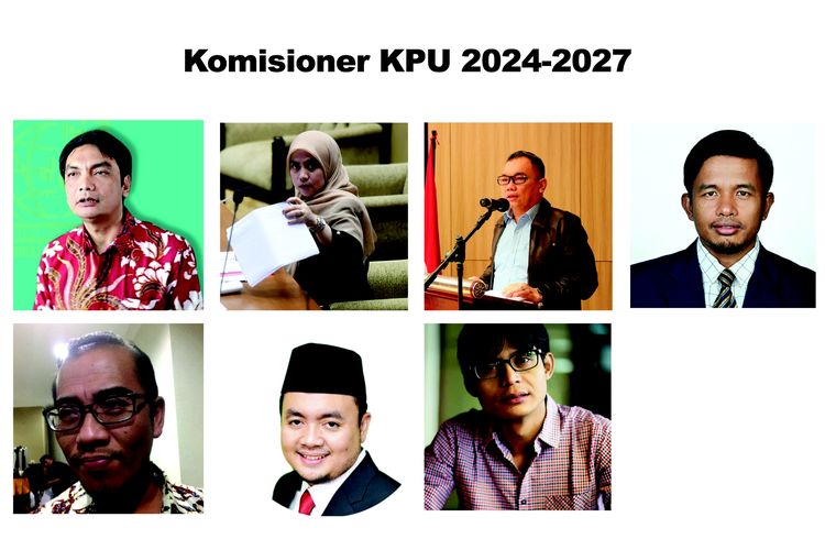 Komisioner KPU 2022-2027 Yulianto Sudrajat (kiri atas), Betty Epsilon Idroos (kedua atas), Parsadaan Harahap (ketiga atas), Idham Holik (keempat atas), Hasyim Asyari (kiri bawah), Muhammad Afifuddin (kedua bawah), August Mellaz (ketiga bawah).