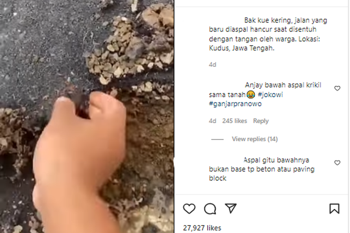Tangkapan layar jalan yang baru diaspal rusak saat dikeruk dengan tangan