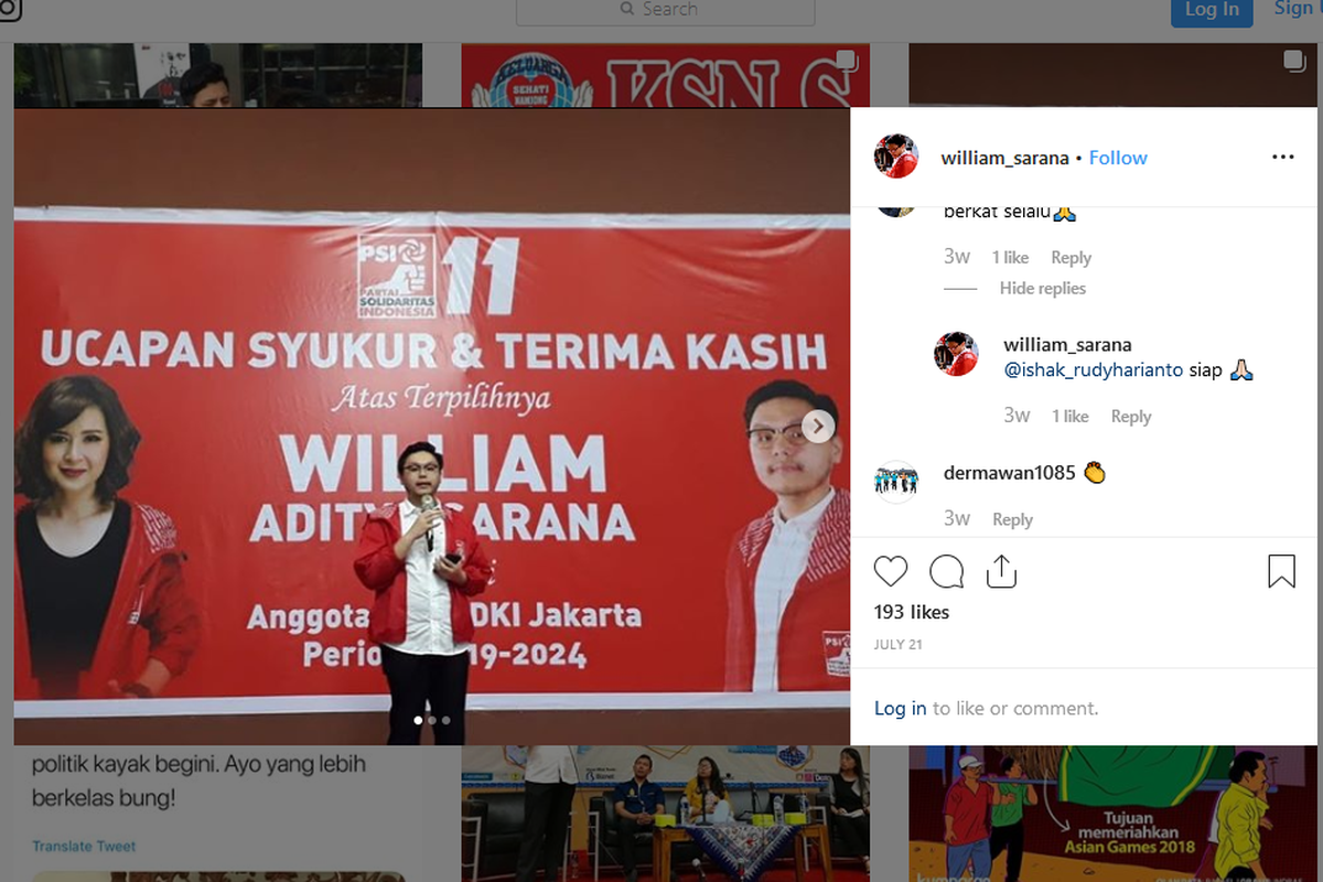 Salah satu postingan Instagram William Aditya Sarana, anggota legislatif termuda di DPRD DKI Jakarta periode 2019-2024.