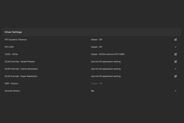 Ilustrasi laman pengaturan DLSS Overrides dan Nvidia Smooth Motion di aplikasi Nvidia App terbaru.