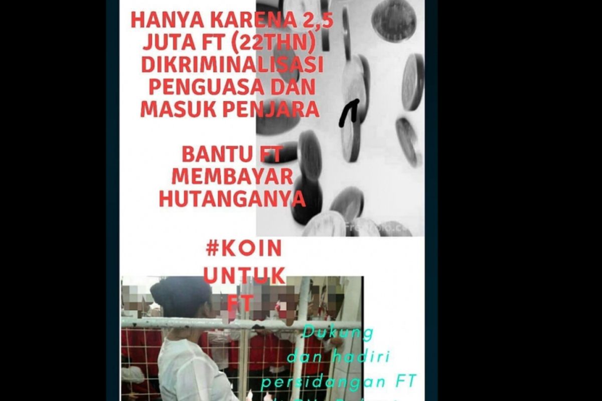 Poster Ibu Hamil 7 Bulan FT (22) yang dipenjara hanya karena Uang Rp 2,5 Juta oleh Istri Jendera, Senin (20/8/2018).