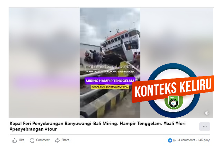 Tangkapan layar Facebook video yang diklaim menampilkan kapal feri penyebrangan Banyuwangi-Bali tenggelam