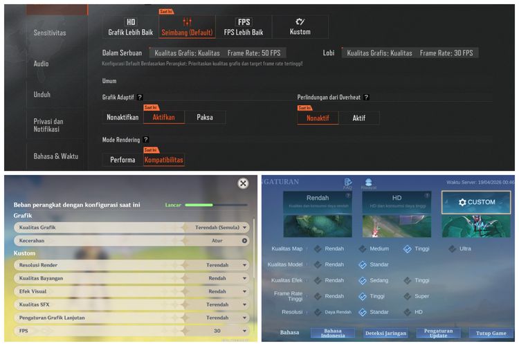 Settingan grafis game Arena Breakout (atas), Genshin Impact (kiri bawah), dan Mobile Legends (kanan bawah) di Samsung Galaxy A37 5G.