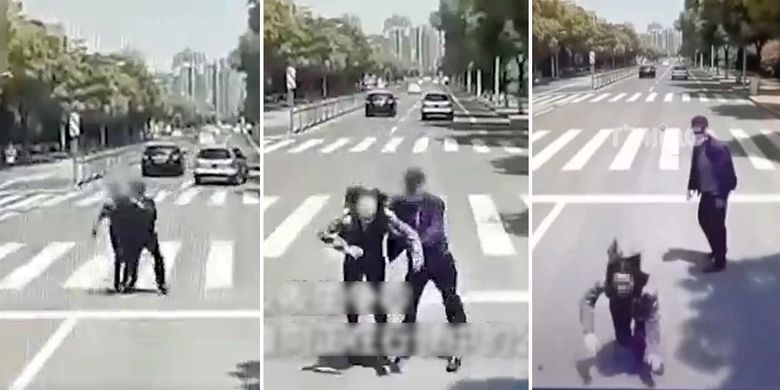 Potongan gambar dari video di dalam bus memperlihatkan seorang pria mendorong pacarnya ke arah bus yang sedang melintas saat mereka bertengkar di jalanan.
