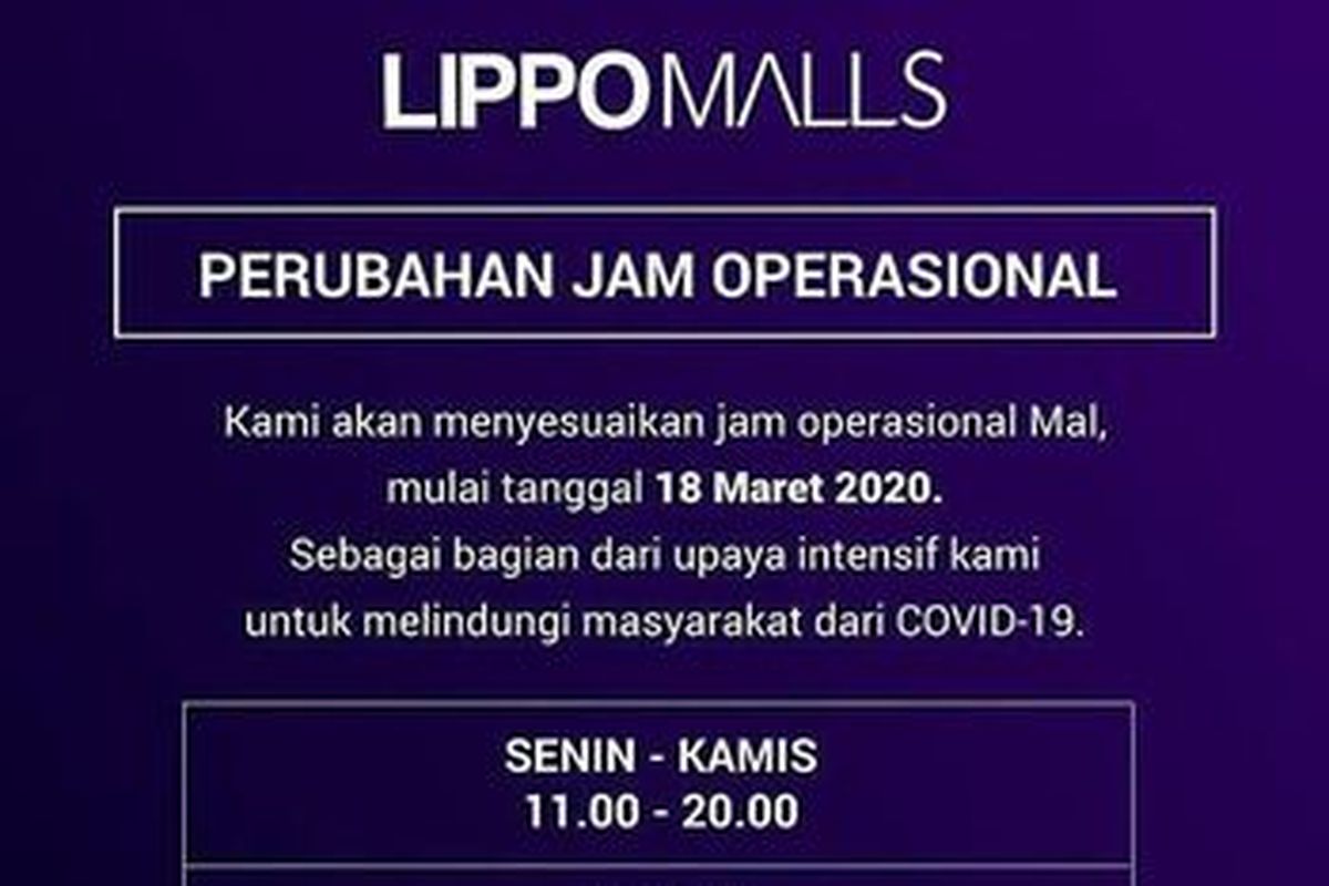 Perubahan jam operasional di LippoMalls.