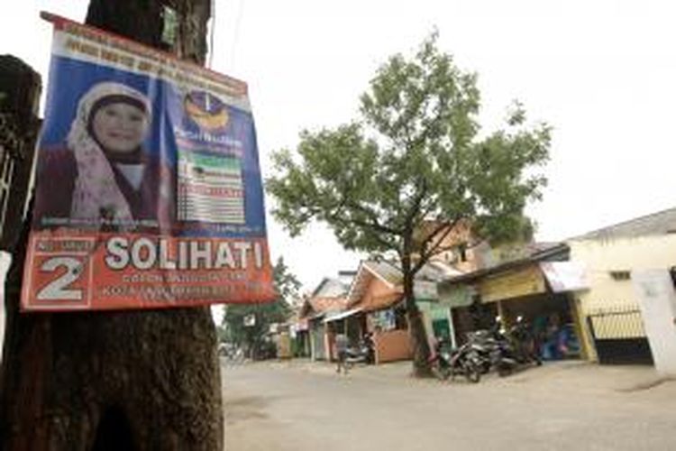 Poster caleg partai politik terpasang di pohon Jalan H Muchtar, Jakarta, Selasa  (18/2/2014). Pelanggaran berupa pemasangan alat peraga di pohon, tiang listrik, hingga sarana dan prasarana publik masih bisa ditemui di banyak tempat. KOMPAS IMAGES/RODERICK ADRIAN MOZES