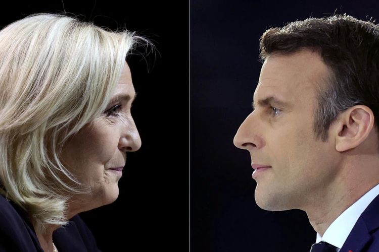 Potret dua kandidat yang mencalonkan diri untuk putaran kedua dalam pemilihan presiden Perancis 2022, Marine Le Pen, dan Presiden Perancis Emmanuel Macron.