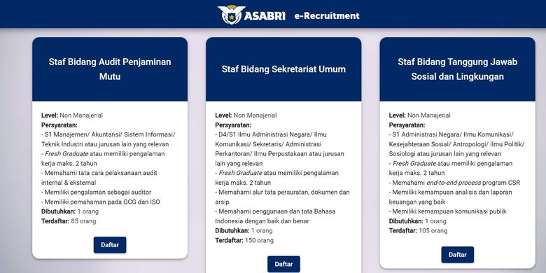 Tampilan layar lowongan kerja BUMN PT Asabri (Persero).
