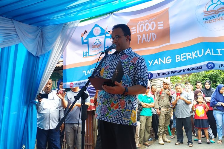 Gubernur DKI Jakarta Anies Baswedan saat meresmikan PAUD Setya Bakti di bilangan Pondok Kopi, Jakarta Timur, Sabtu (28/9/2019).