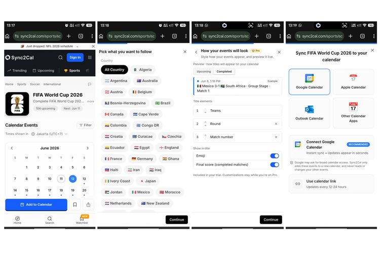 Langkah-langkah mendapatkan jadwal Piala Dunia di Sync2Cal untuk Google Calendar di HP Android.