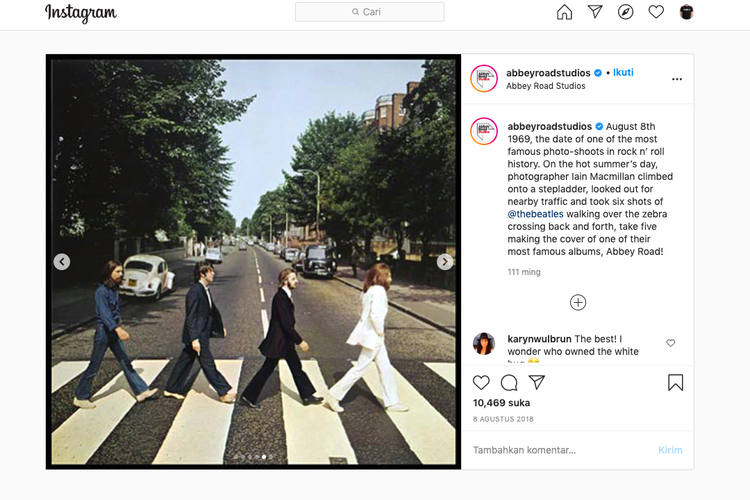 Tangkapan layar unggahan di Instragram Abbey Road Studio