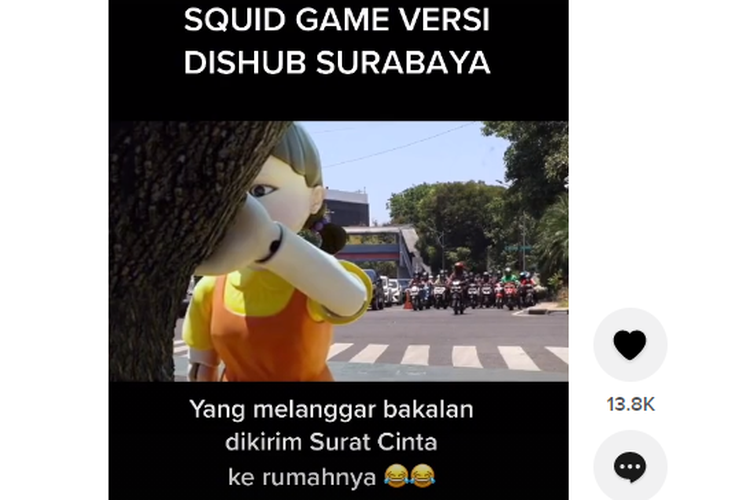 Tangkapan layar unggahan video squid game di lampu merah Kota Surabaya.