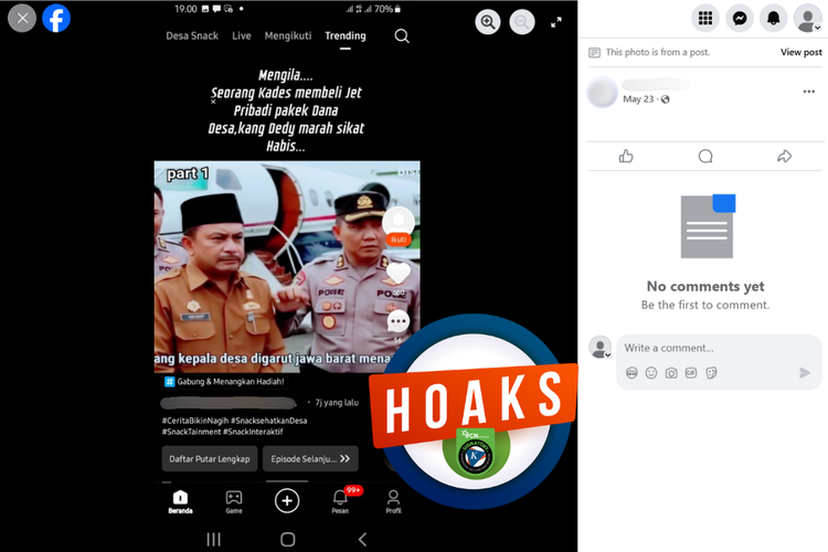 Tangkapan layar konten hoaks di sebuah akun Facebook, 24 Mei 2025, mengenai seorang kades di Jabar menggunakan dana desa untuk membeli jet pribadi.