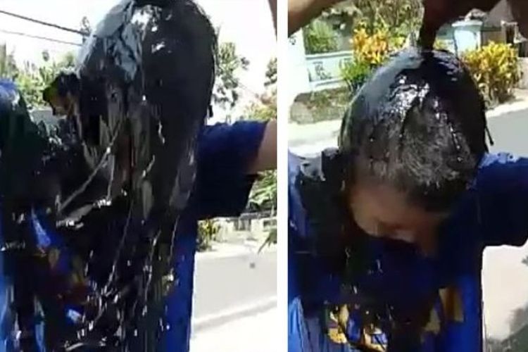 Foto seorang bocah yatim piatu mengguyurkan oli bekas ke kepala dan badannya viral di media sosial.