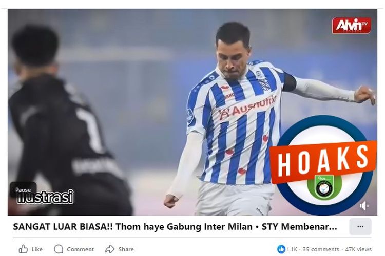 Tangkapan layar Facebook narasi yang menyebut Thom Haye bergabung dengan Inter Milan
