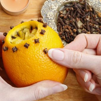 Ilustrasi membuat bola pomander dari jeruk dan cengkih untuk mengharumkan ruangan. 