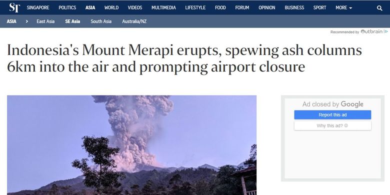 Pemberitaan soal meletusnya Merapi, Selasa (3/3/2020) dimuat dalam media The Straits Times, Singapura