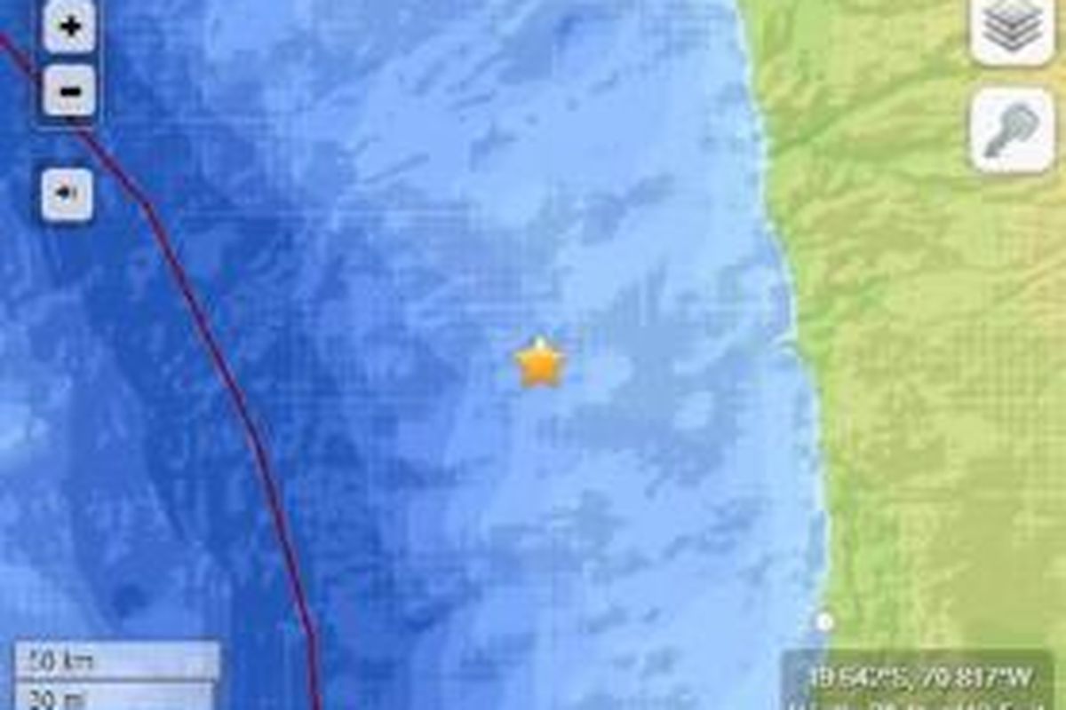 Pusat gempa Cile pada Rabu (2/4/2014) pukul 06.46 WIB.