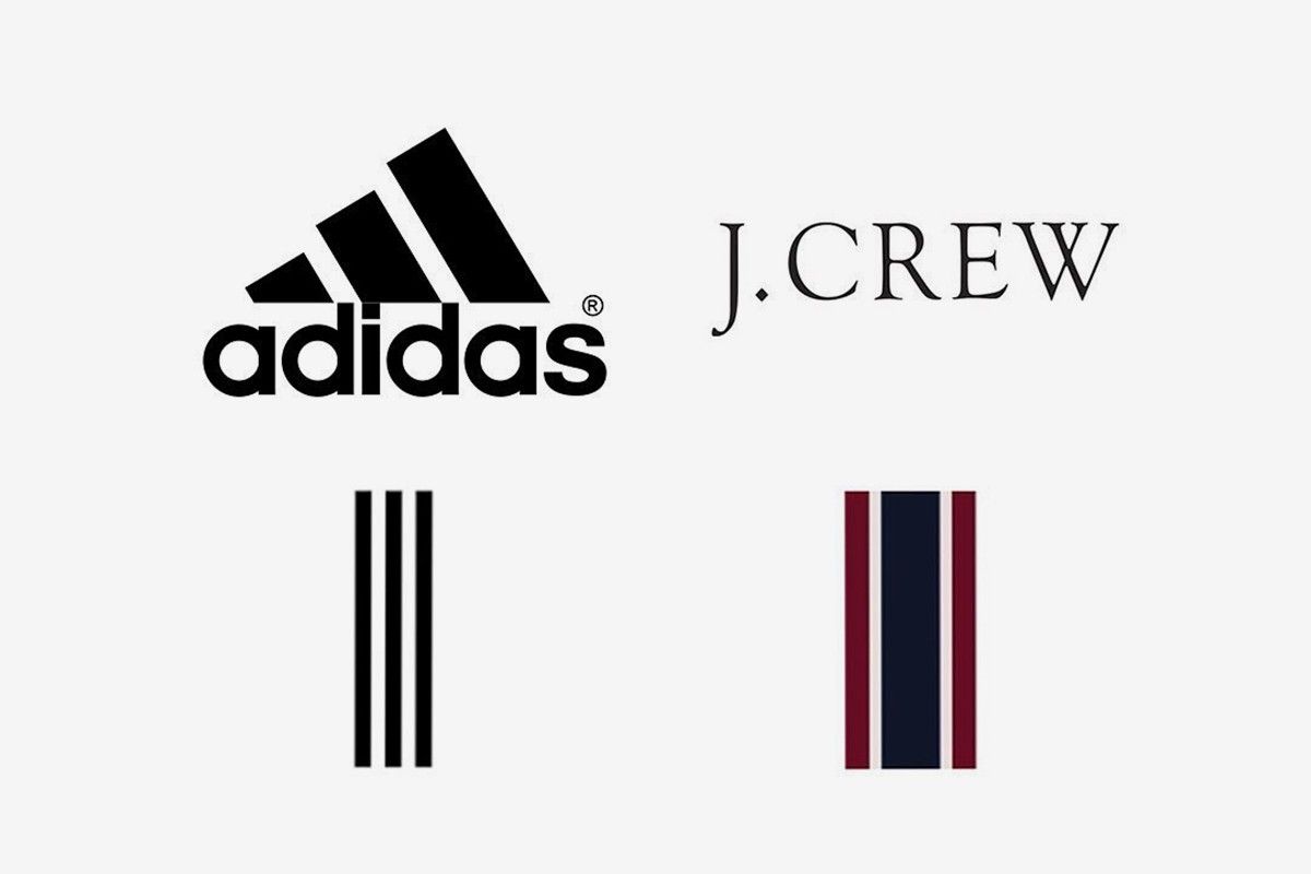 Logo tiga garis Adidas bersanding dengan logo lima garis milik J,Crew