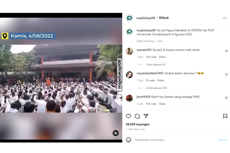 Tangkapan layar unggahan video amatir bernarasi yel-yel Papua Merdeka saat kegiatan orientasi studi dan pengenalan kampus (ospek) Fakultas Ilmu Sosial dan Ilmu Politik (Fisip) Universitas Cenderawasih viral di media sosial.