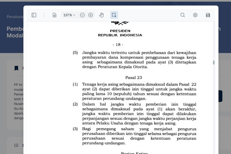 Tangkapan layar Peraturan Pemerintah Nomor 12 Tahun 2023 tentang Pemberian Perizinan Berusaha, Kemudahan Berusaha, dan Fasilitas Penanaman Modal bagi Pelaku Usaha di Ibu Kota Nusantara, Pasal 23.