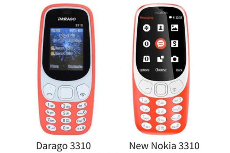 Nokia 3310 tiruan (kiri) dan Nokia 3310 asli