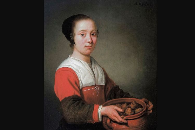Lukisan seorang perempuan Belanda tengah memegang satu panci oliebollen.