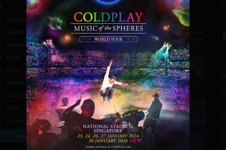 Poster konser Coldplay hari kelima, 30 Januari 2024 di Singapura.