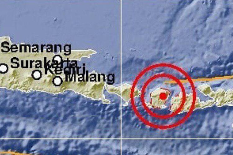 Pusat gempa M 5,4 yang guncang Lombok Timur pada Minggu (17/3/2019).