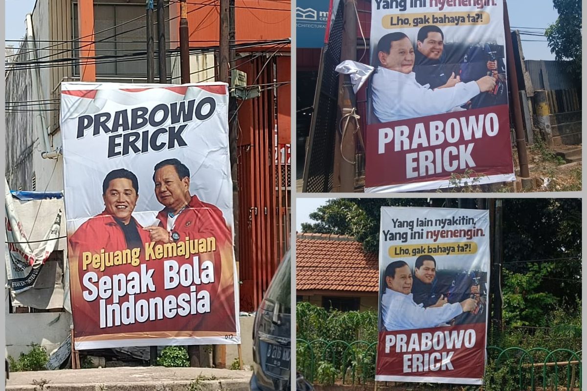 Spanduk yang menampilkan wajah Ketum Partai Gerindra Prabowo Subianto dan Menteri BUMN Erick Thohir. Berdasarkan penelusuran Kompas.com, Rabu (27/8/2023), spanduk-spanduk itu banyak terpasang di beberapa wilayah antara lain Kota Bekasi dan Kota Depok.