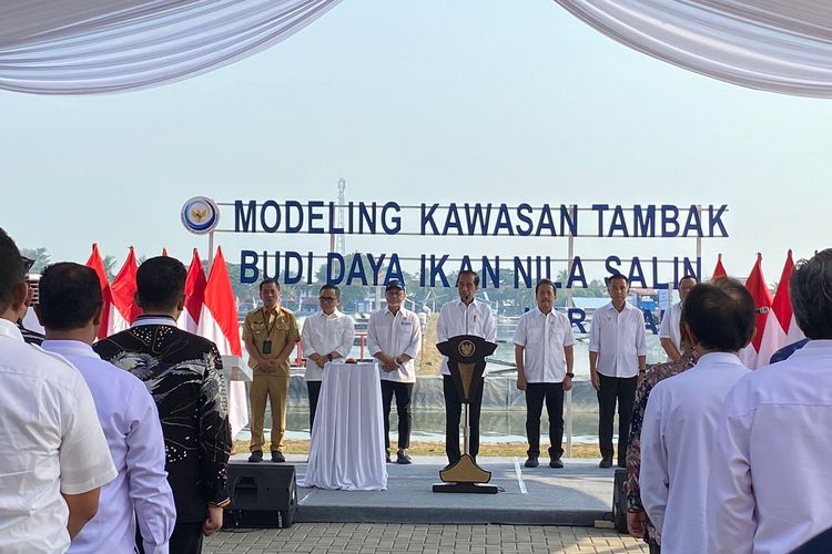 Presiden Joko Widodo meresmikan modeling kawasan tambak budidaya ikan nila salin milik Kementerian Kelautan dan Perikanan (KKP) di Kawasan Karawang, Jawa Barat, Rabu (8/5/2024). 