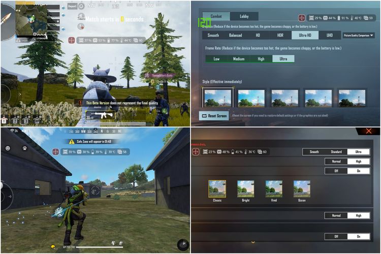 Gameplay PUBG Mobile (atas) dan Free Fire (bawah) di ROG Phone 5, beserta pengaturan grafisnya.