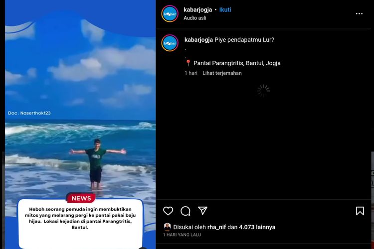 Tangkapan layar wisatawan yang memakai kaus hijau di laut selatan Yogyakarta.