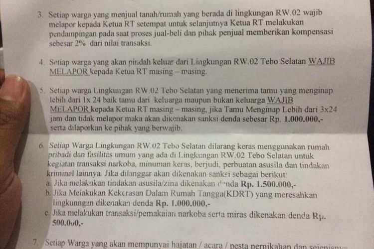 Tata tertib di RW 2 Kelurahan Mulyorejo, Kecamatan Sukun, Kota Malang yang viral di media sosial.