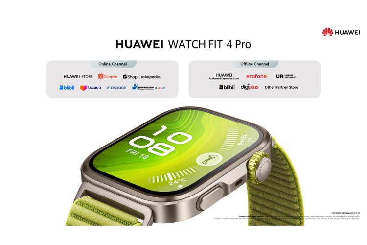 HUAWEI WATCH FIT 4 Pro tersedia di Huawei Store online, seperti Shopee, TikTok, Tokopedia, Blibli, Lazada, Eraspace.com, dan DatascripMall.ID, serta toko ritel offline, seperti HUAWEI Authorized Experience Store, Erafone, Urban Republic, Blibli Store, Digiplus, dan mitra lain.