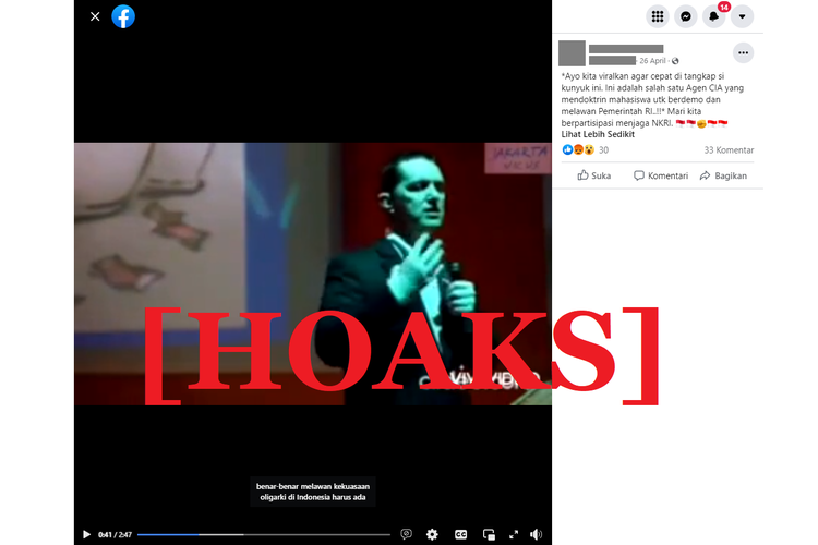 Tangkapan layar unggahan hoaks di sebuah akun Facebook, yang menyebut agen CIA memberi doktrin kepada mahasiswa untuk melawan pemerintah.