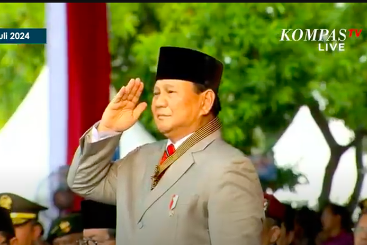 Menteri Pertahanan sekaligus Presiden RI terpilih periode 2024-2029, Prabowo Subianto saat menghadiri upacara HUT ke-78 Bhayangkara di Lapangan Monas, Jakarta, Senin (1/7/2024)